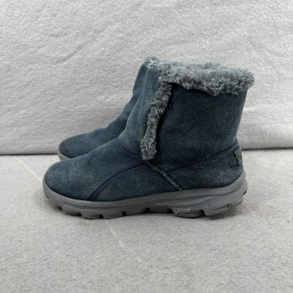 Skechers Air Cooled GOGA MAT Womens Sz‎ 5 Ankle Boots Blue Suede Faux Fur Lined